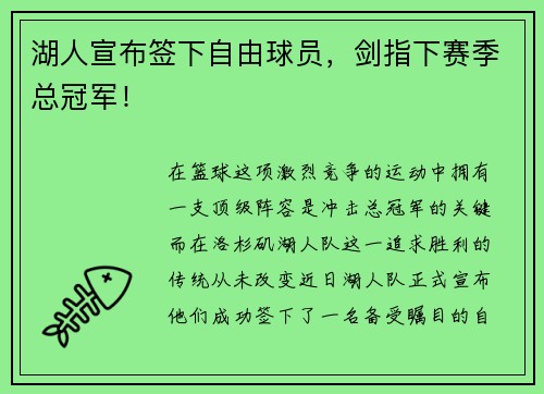 湖人宣布签下自由球员，剑指下赛季总冠军！